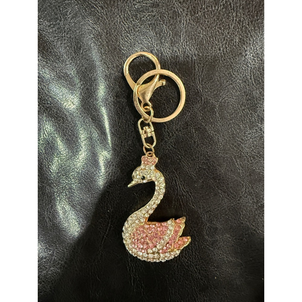 Sparkling Swan Keychain Rhinestone Crown Gold Tone Charm Bag Accessory